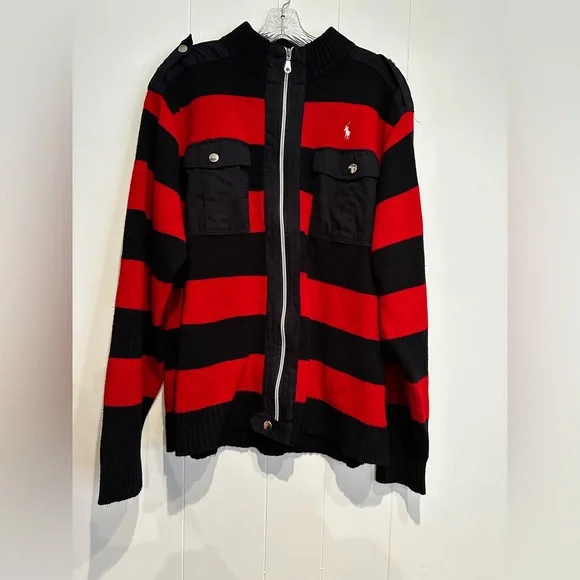 Polo Ralph Lauren Striped Zip Sweater Jacket Red Black Military Womens 3XL - Picture 3 of 7